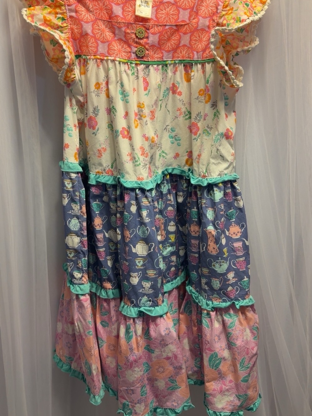 Wildflowers Girls Tiered Floral Patchwork Dress - Coral, Navy, Cream, Pink sz.12 - Picture 3 of 5